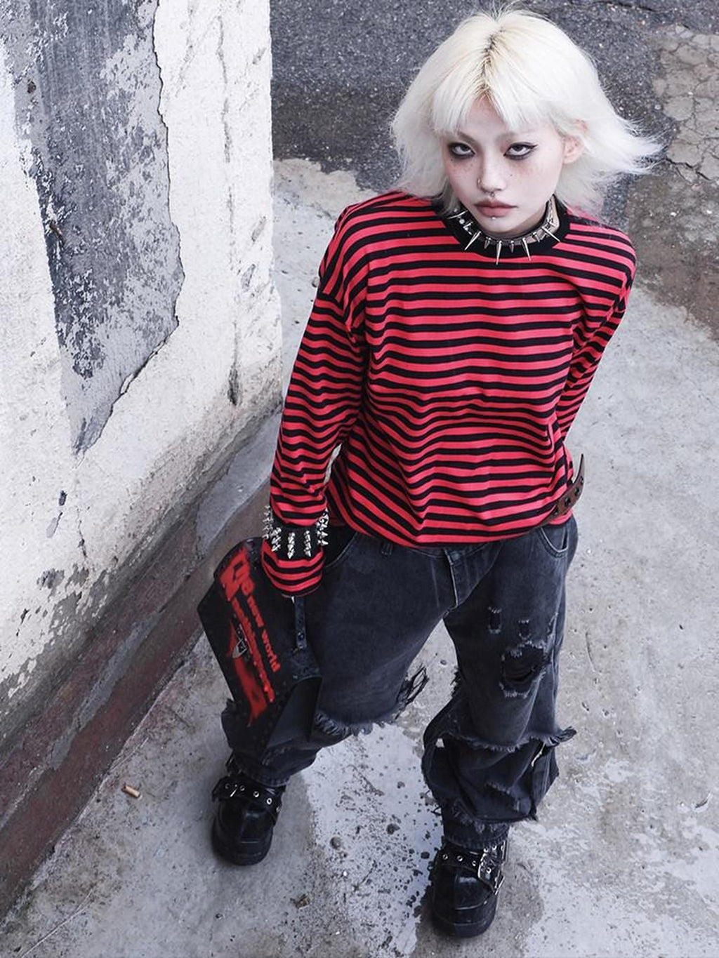 RebelSeed Black Red Striped Drop Shoulder Loose Rock Women's Long Sleeve T-shirts