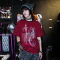 RebelSeed_Black_Red_Striped_Skull_Print_Punk_Women's_Cotton_Short_Sleeve_T-shirts_931662390954_MISSTT
