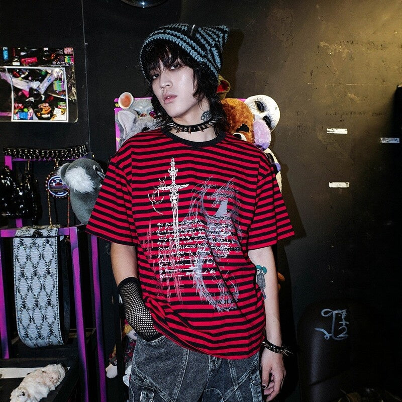 RebelSeed_Black_Red_Striped_Skull_Print_Punk_Women's_Cotton_Short_Sleeve_T-shirts_931662390954_MISSTT