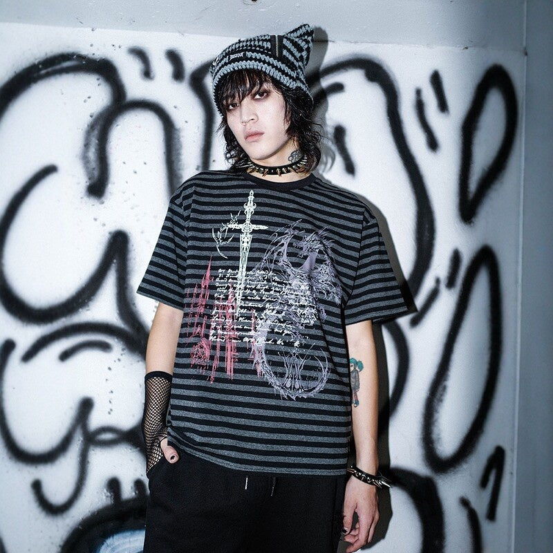 RebelSeed_Black_Red_Striped_Skull_Print_Punk_Women's_Cotton_Short_Sleeve_T-shirts_931662390954_MISSTT
