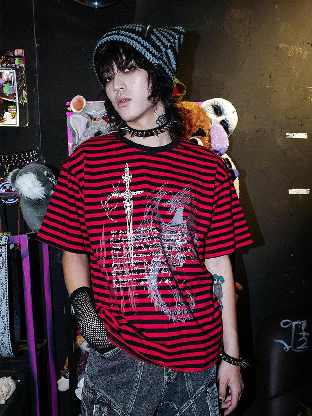 RebelSeed Black Red Striped Skull Print Punk Women's Cotton Short Sleeve T-shirts
