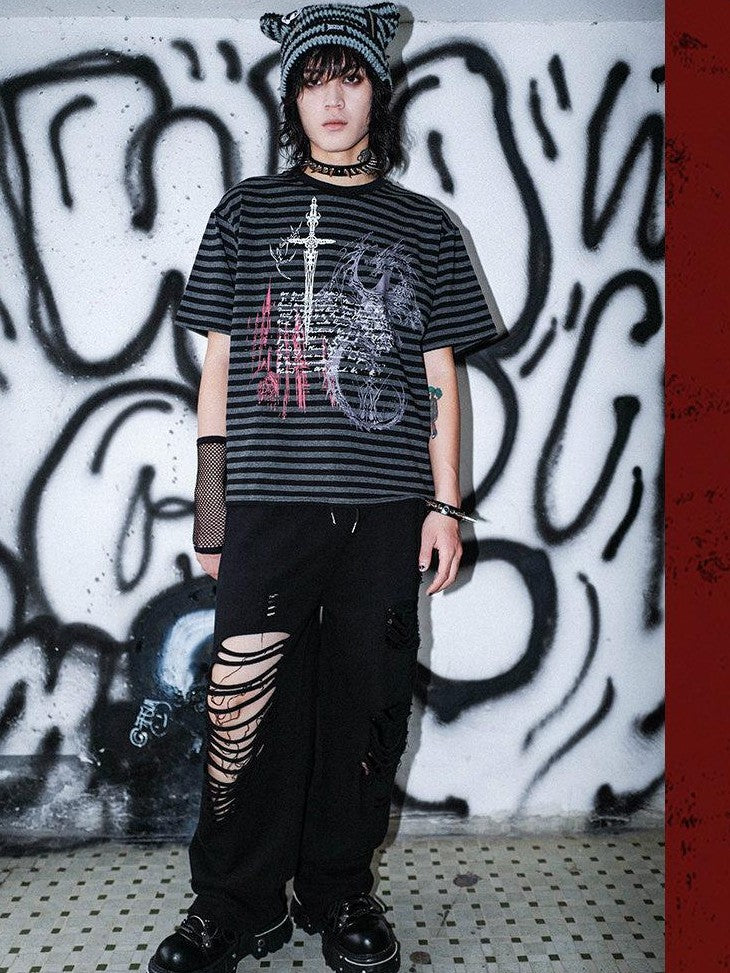 RebelSeed Black Red Striped Skull Print Punk Women's Cotton Short Sleeve T-shirts