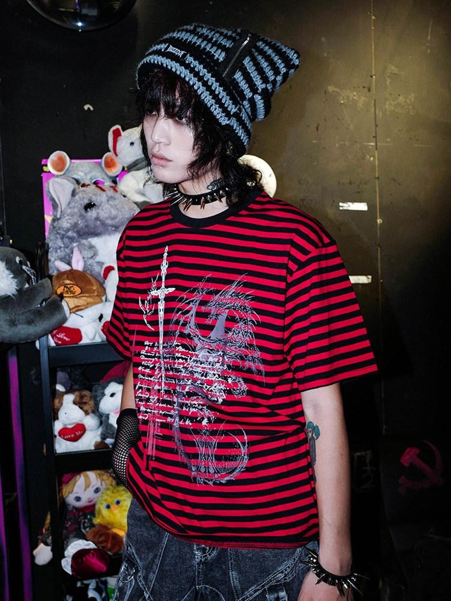 RebelSeed Black Red Striped Skull Print Punk Women's Cotton Short Sleeve T-shirts