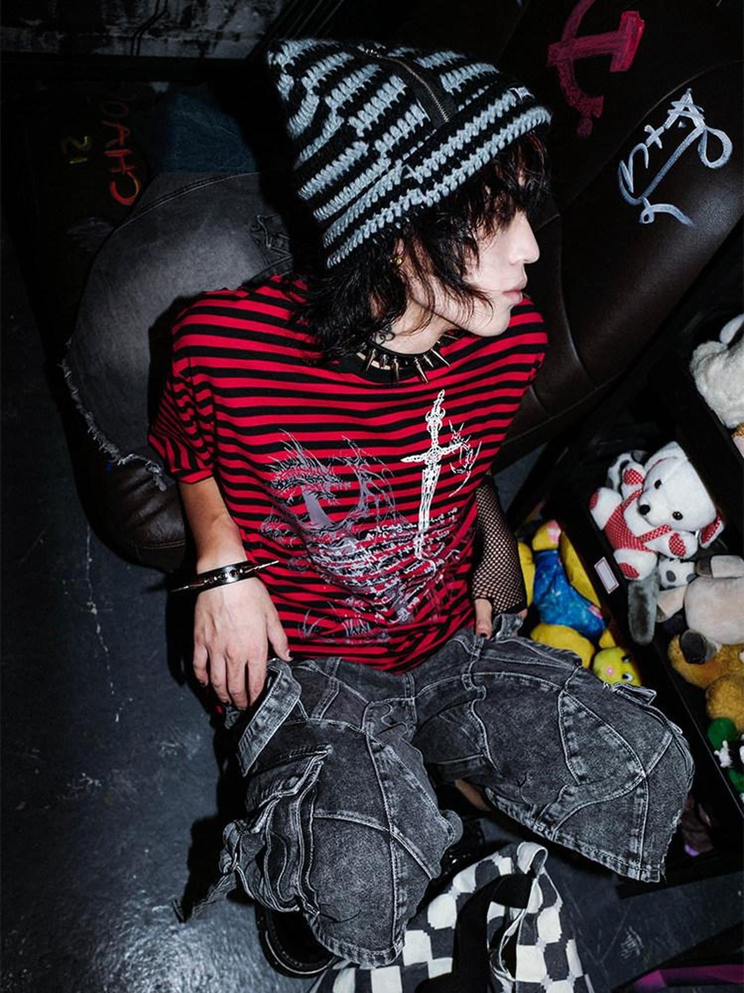 RebelSeed Black Red Striped Skull Print Punk Women's Cotton Short Sleeve T-shirts