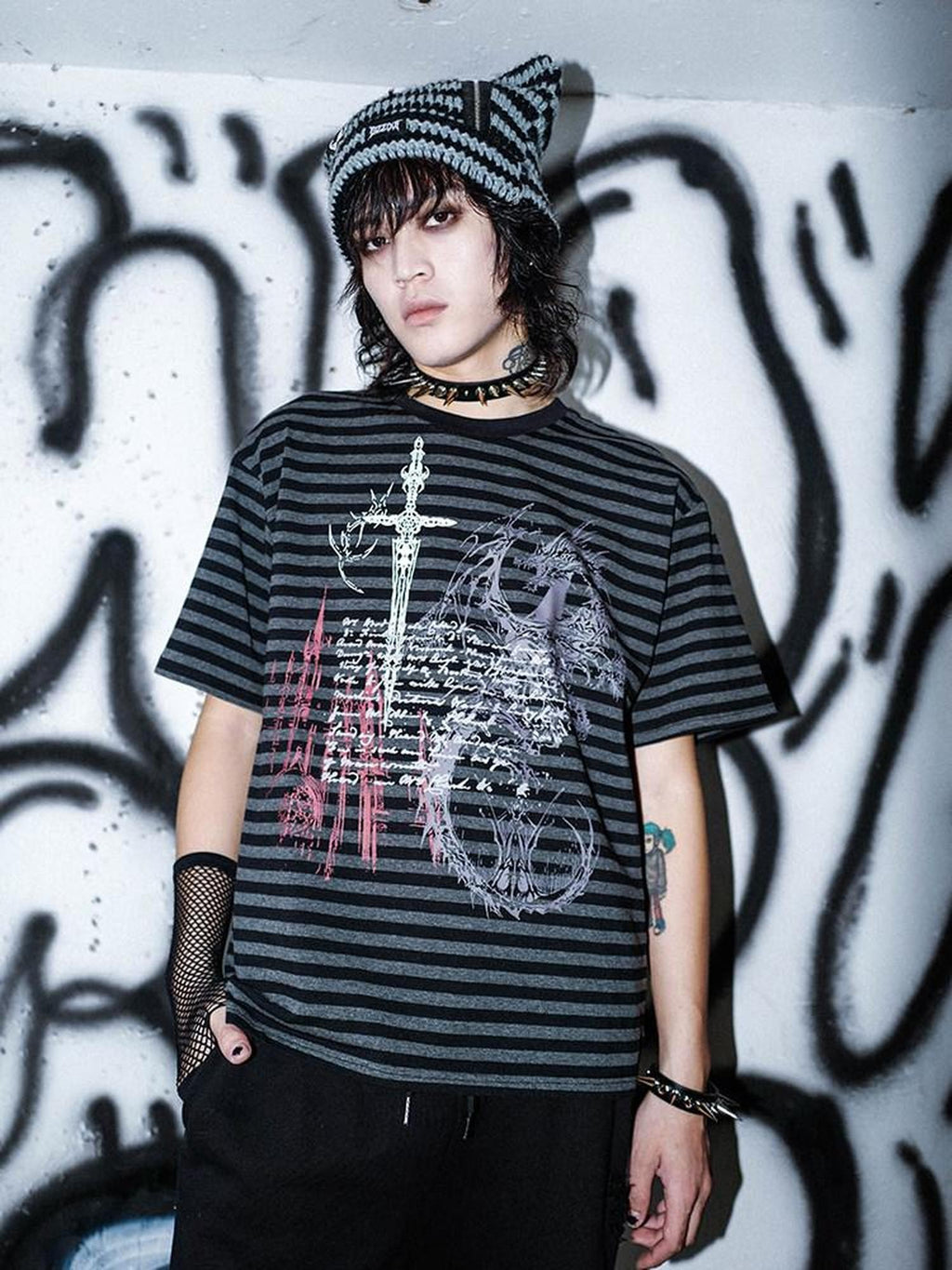 RebelSeed Black Red Striped Skull Print Punk Women's Cotton Short Sleeve T-shirts
