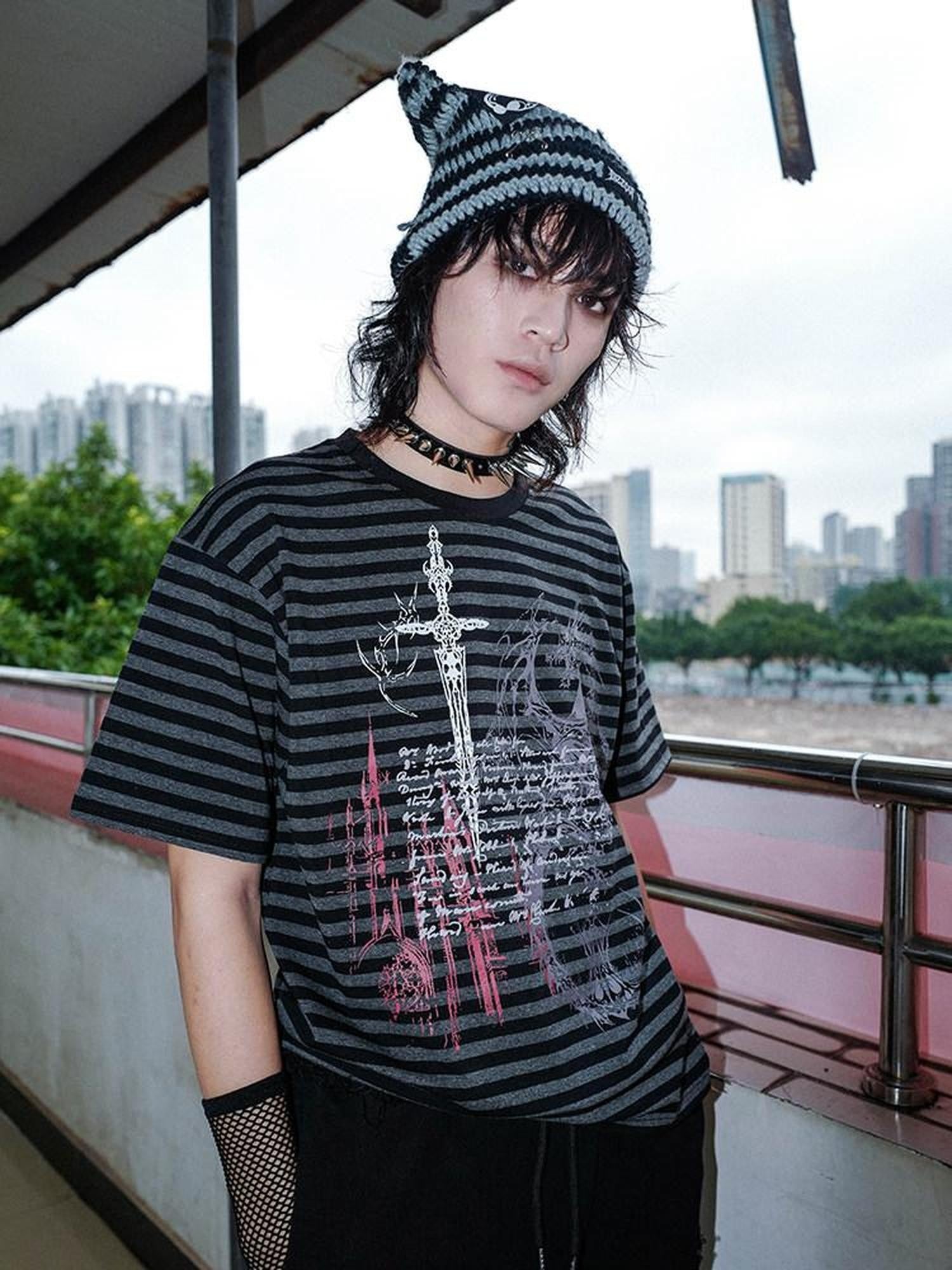 RebelSeed Black Red Striped Skull Print Punk Women's Cotton Short Sleeve T-shirts