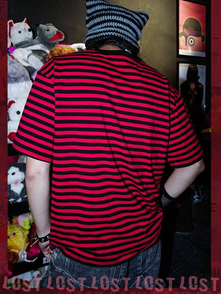 RebelSeed Black Red Striped Skull Print Punk Women's Cotton Short Sleeve T-shirts