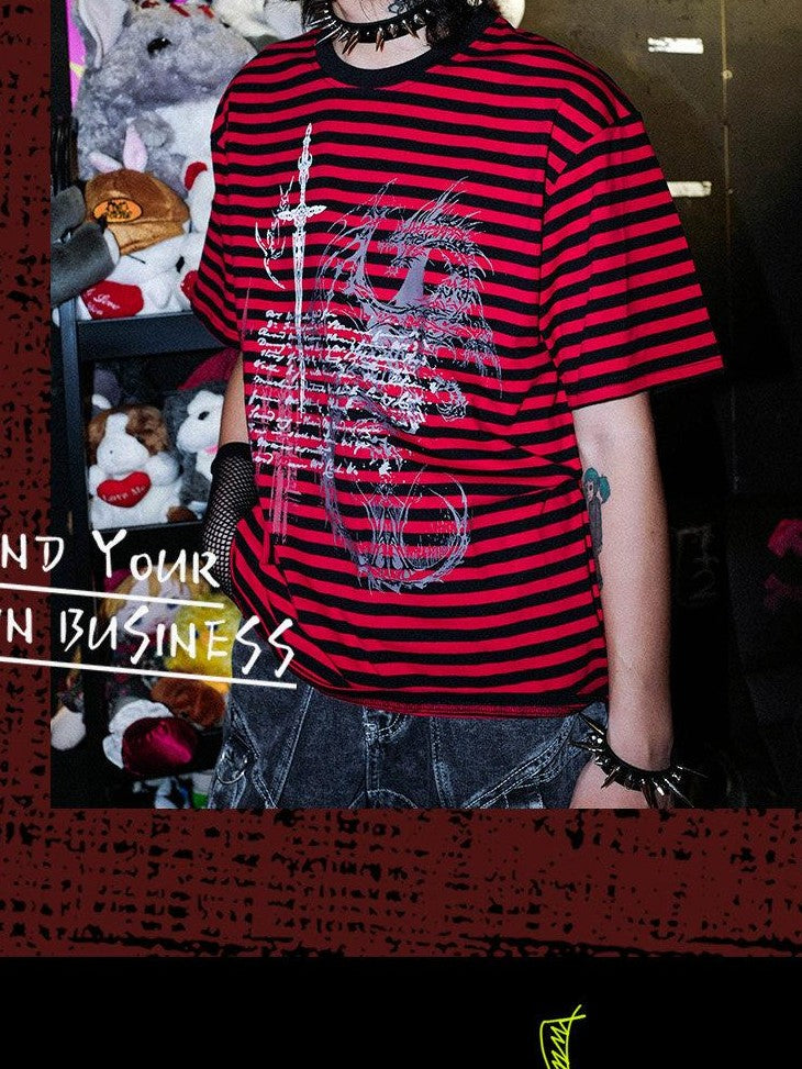 RebelSeed Black Red Striped Skull Print Punk Women's Cotton Short Sleeve T-shirts