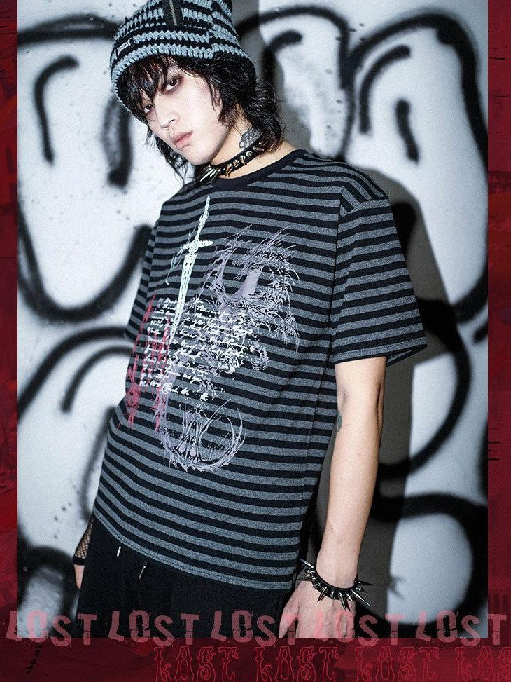 RebelSeed Black Red Striped Skull Print Punk Women's Cotton Short Sleeve T-shirts