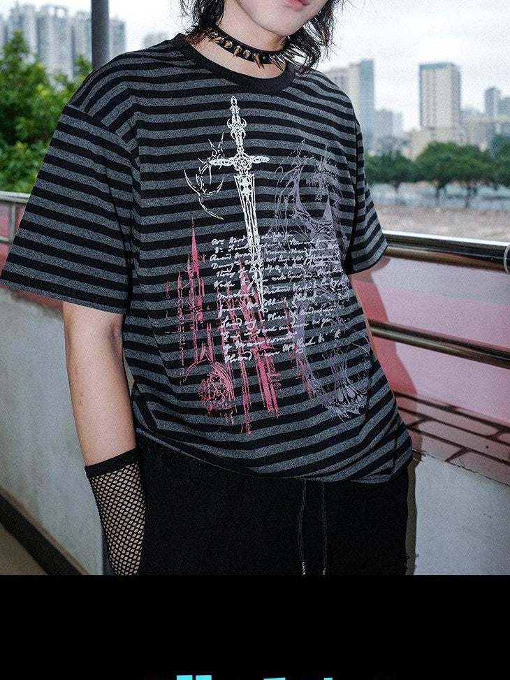 RebelSeed Black Red Striped Skull Print Punk Women's Cotton Short Sleeve T-shirts