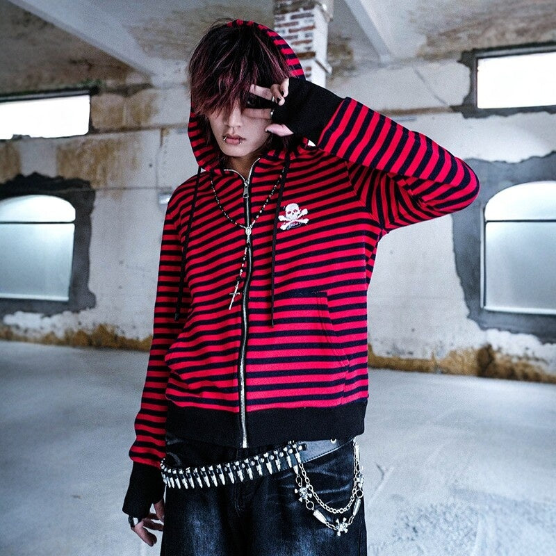 RebelSeed_Black_Red_Striped_Washed_Print_Women's_Cotton_Zip-up_Hoodies_874502109704_MISSTT