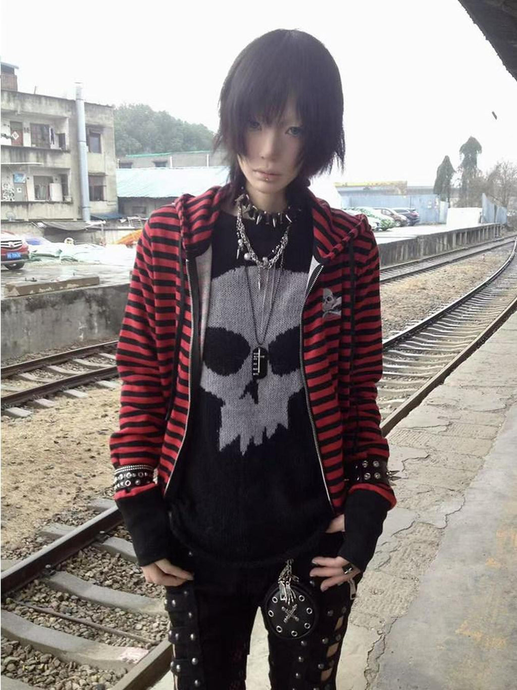 RebelSeed Black Red Striped Washed Print Women's Cotton Zip-up Hoodies