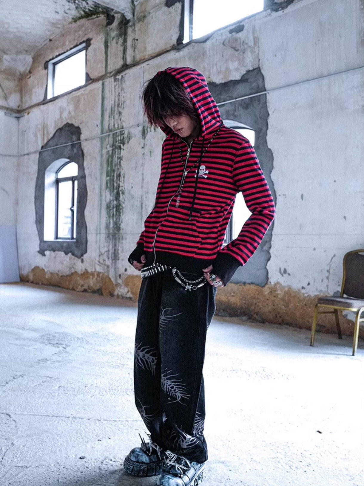 RebelSeed Black Red Striped Washed Print Women's Cotton Zip-up Hoodies