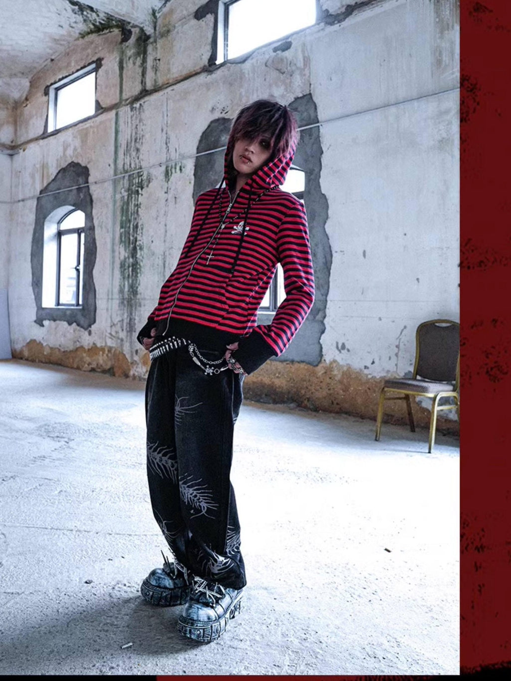 RebelSeed Black Red Striped Washed Print Women's Cotton Zip-up Hoodies