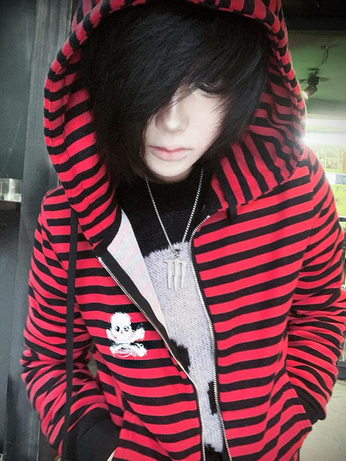RebelSeed Black Red Striped Washed Print Women's Cotton Zip-up Hoodies