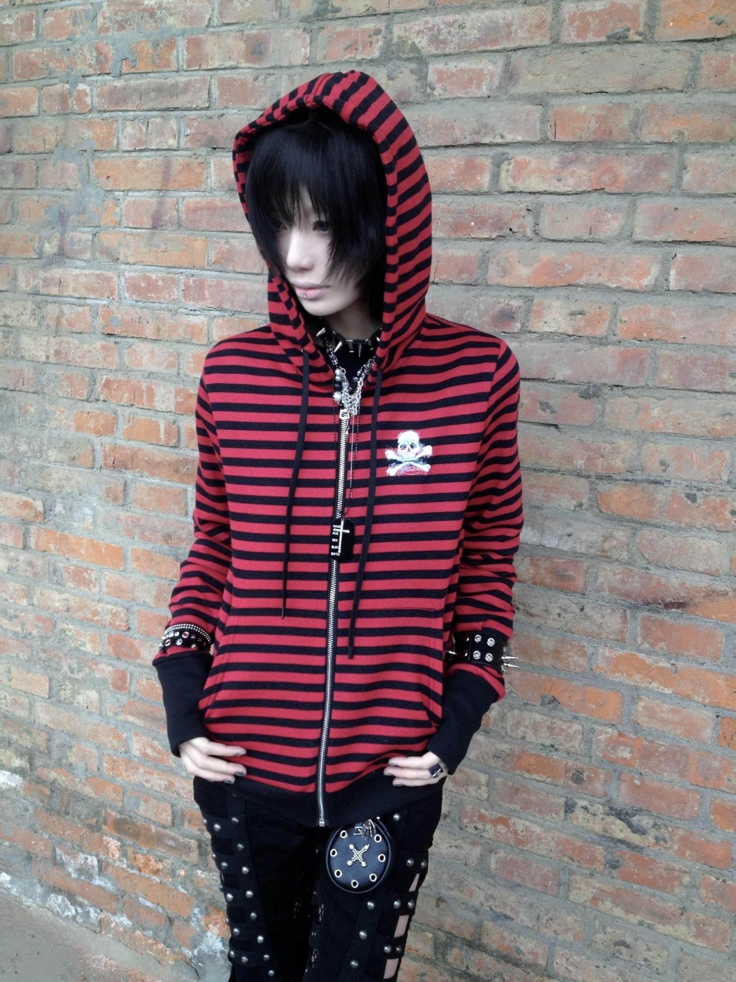 RebelSeed Black Red Striped Washed Print Women's Cotton Zip-up Hoodies