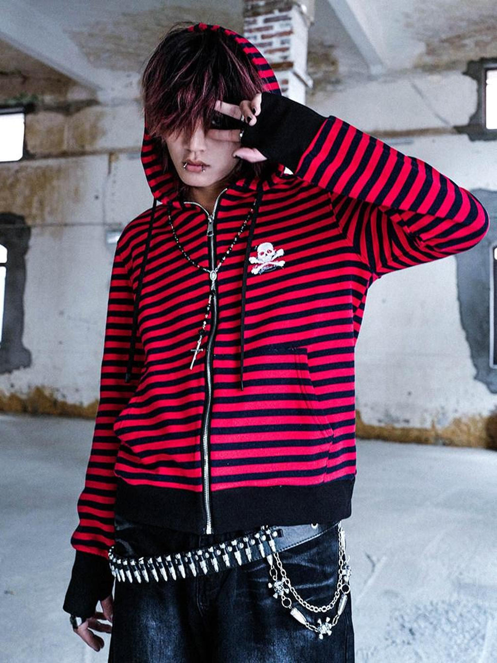 RebelSeed Black Red Striped Washed Print Women's Cotton Zip-up Hoodies