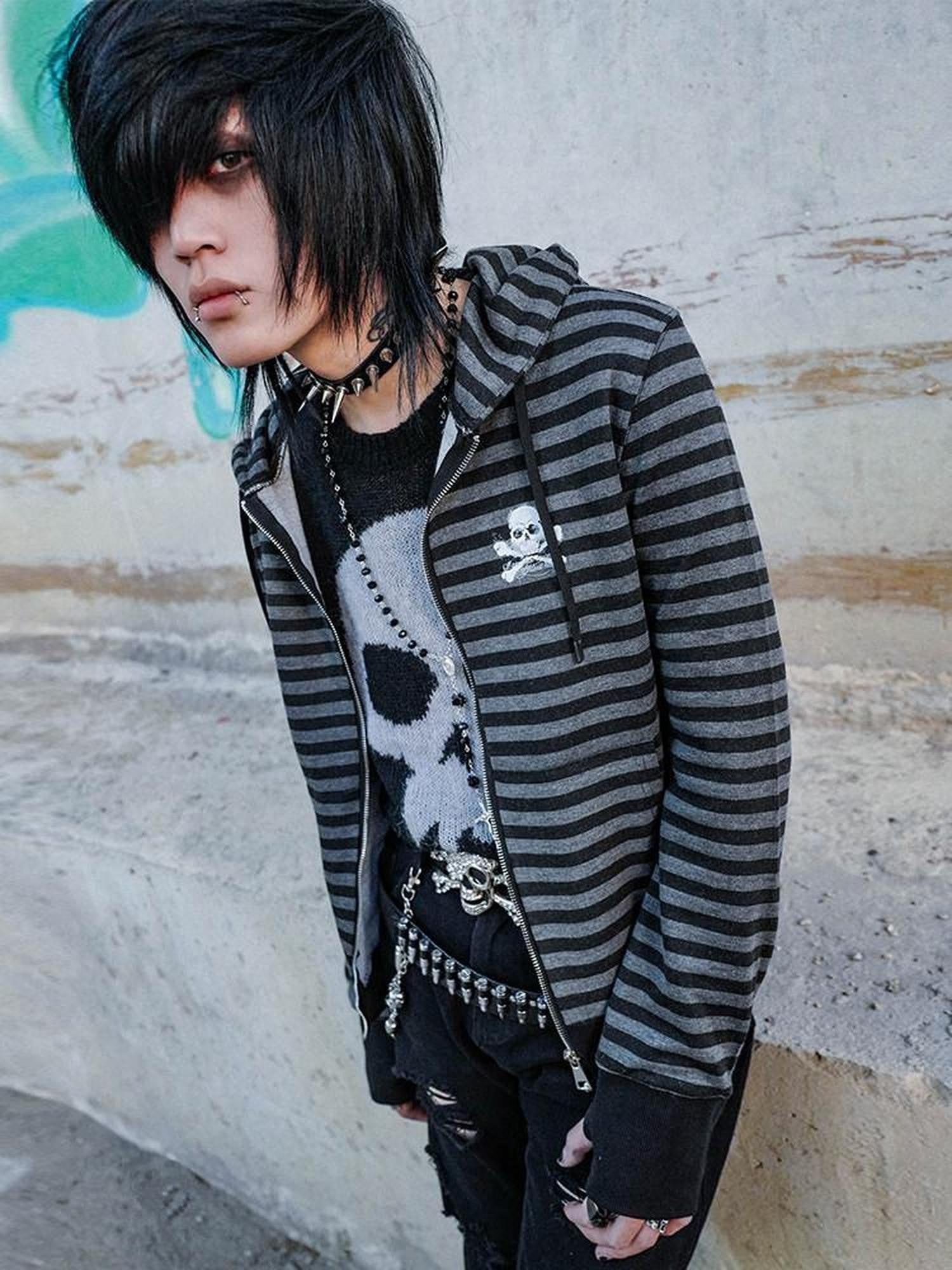 RebelSeed Black Red Striped Washed Print Women's Cotton Zip-up Hoodies