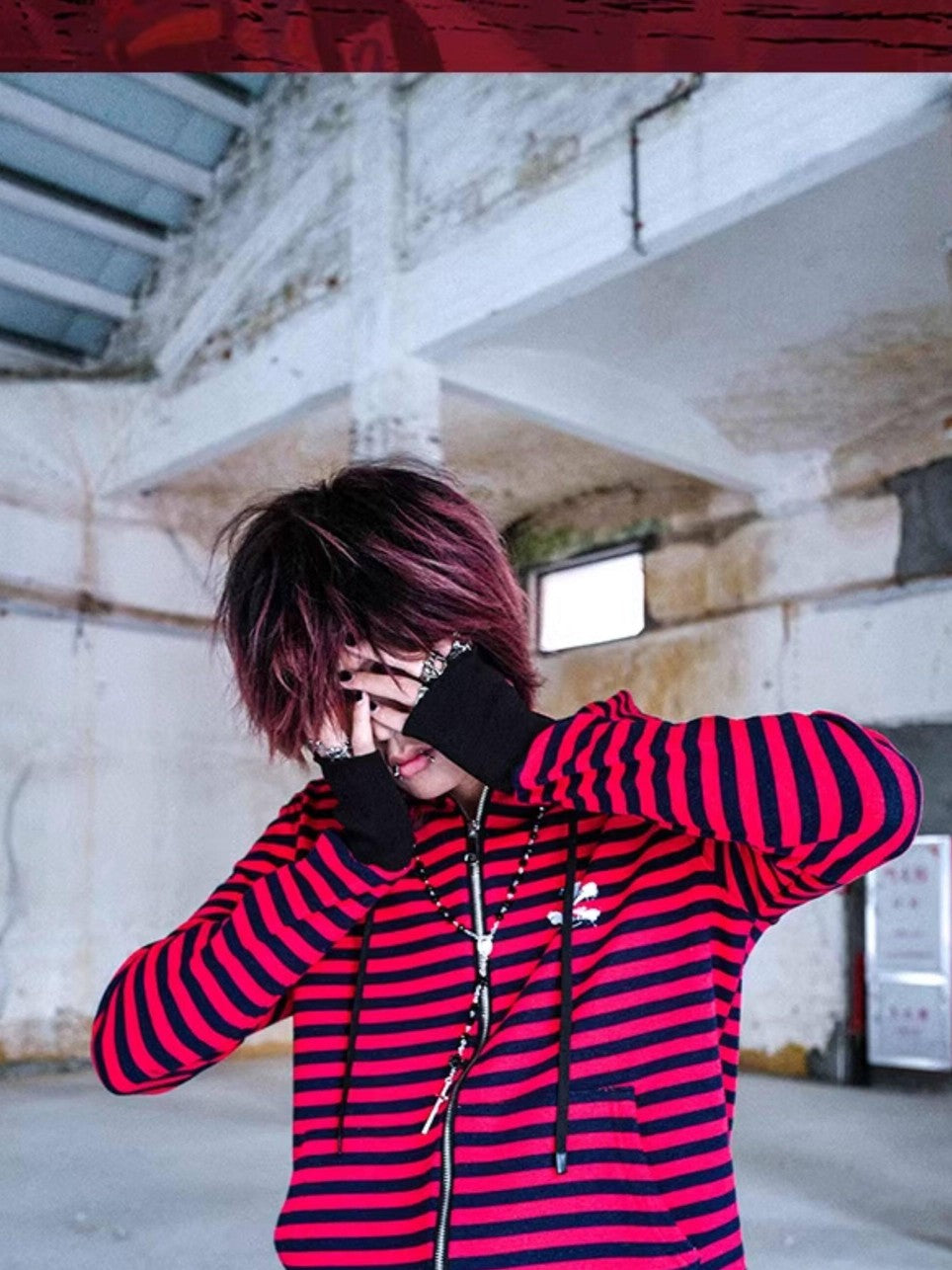RebelSeed Black Red Striped Washed Print Women's Cotton Zip-up Hoodies