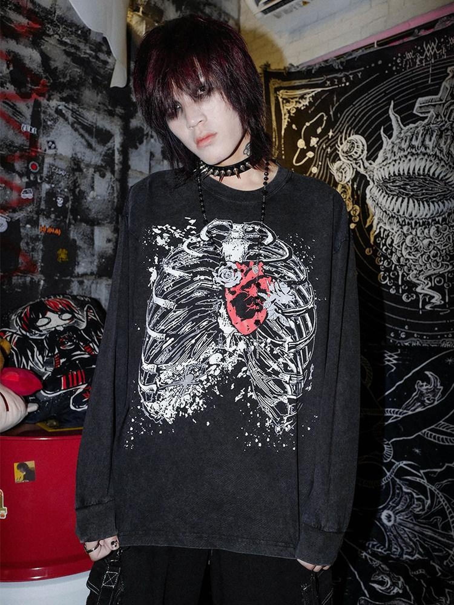 RebelSeed Black Skull Demon Print Punk Rock Loose Women's Cotton Long Sleeve T-shirts