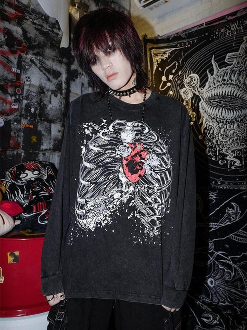 RebelSeed Black Skull Demon Print Punk Rock Loose Women's Cotton Long Sleeve T-shirts