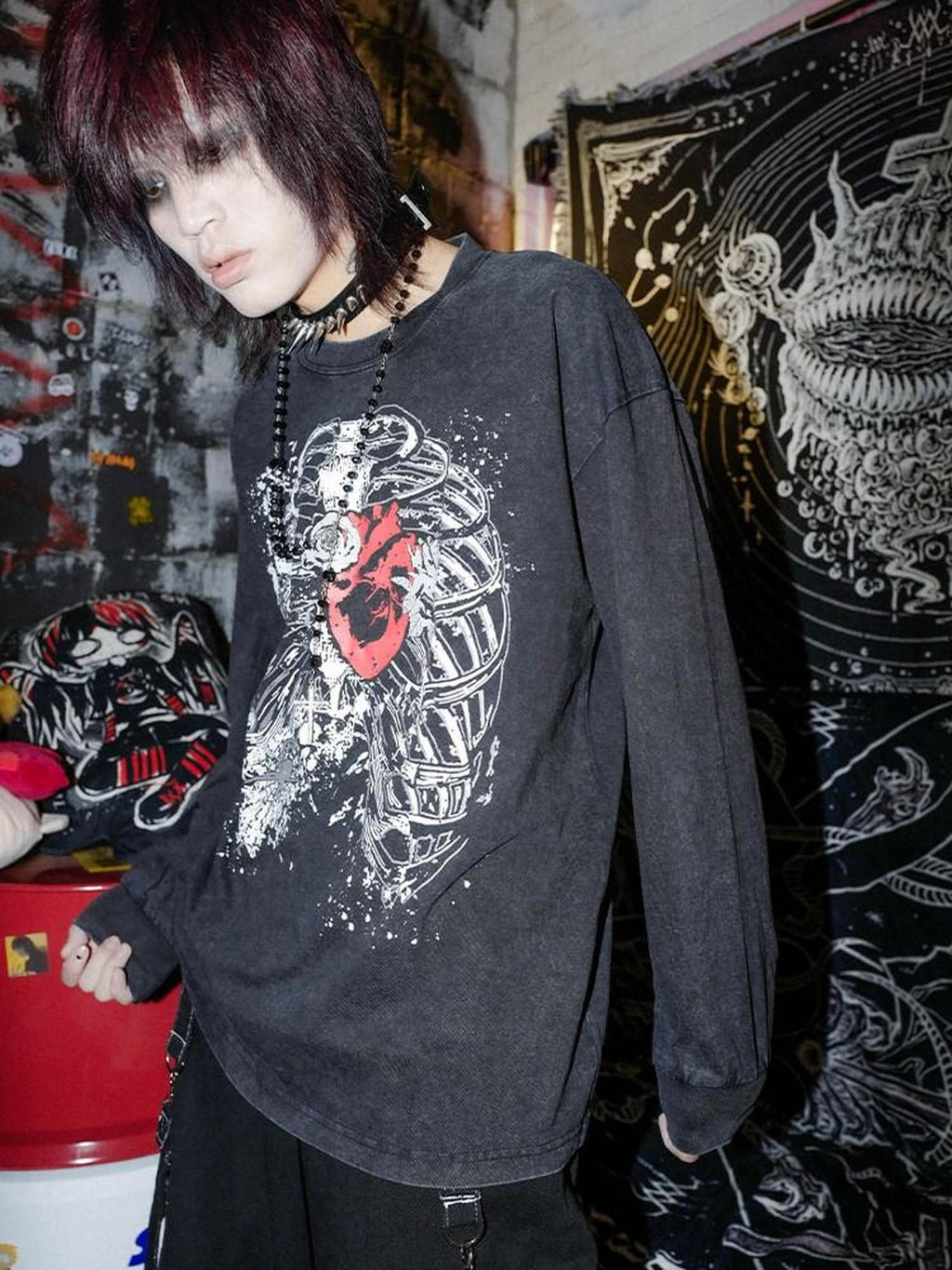 RebelSeed Black Skull Demon Print Punk Rock Loose Women's Cotton Long Sleeve T-shirts
