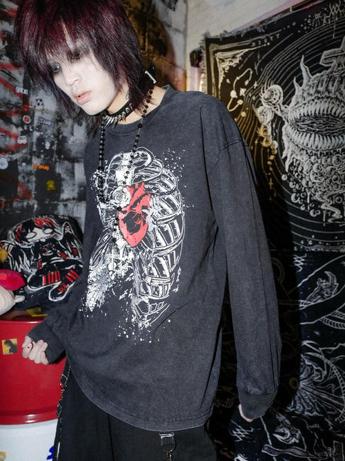 RebelSeed Black Skull Demon Print Punk Rock Loose Women's Cotton Long Sleeve T-shirts
