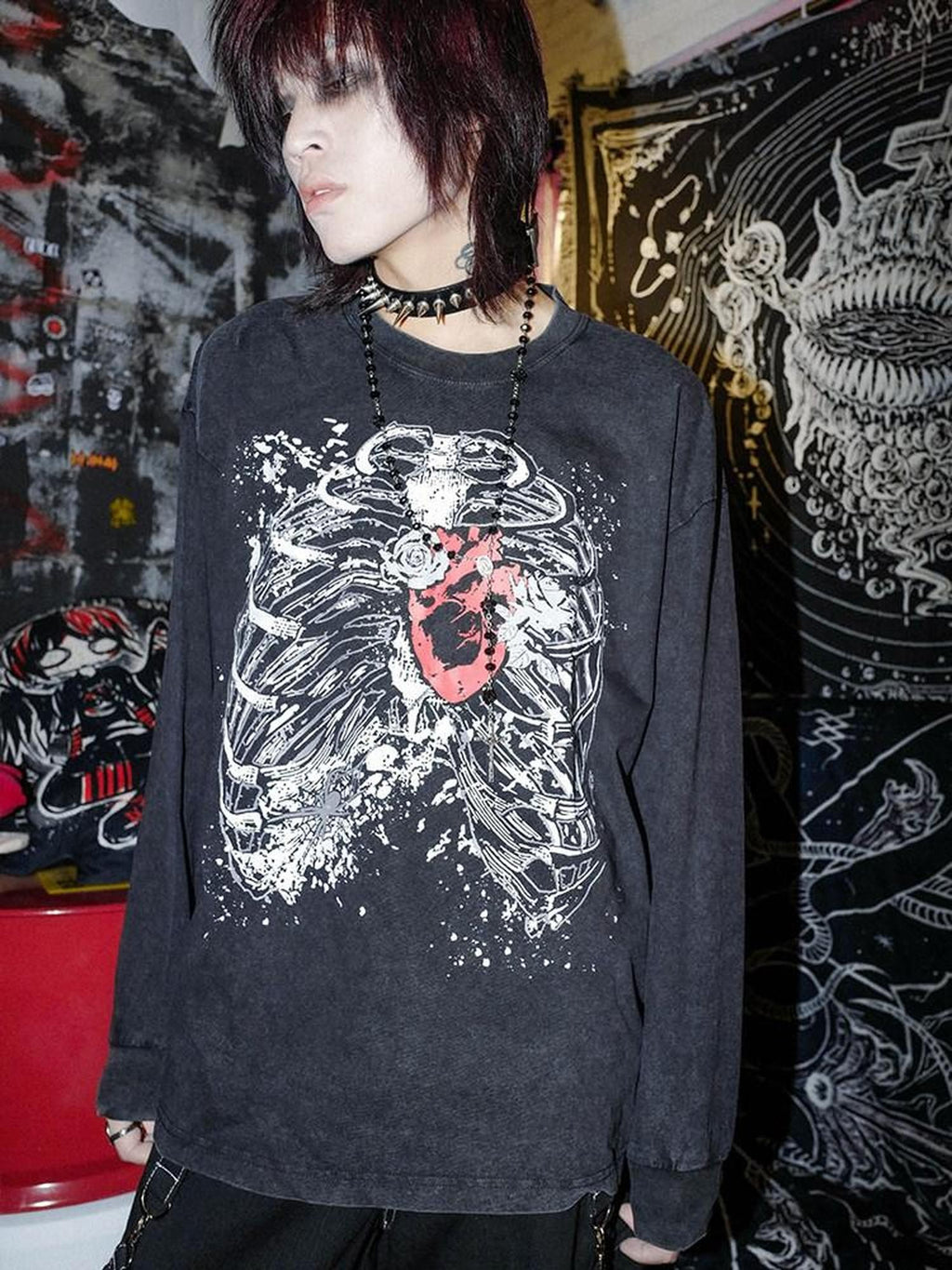 RebelSeed Black Skull Demon Print Punk Rock Loose Women's Cotton Long Sleeve T-shirts