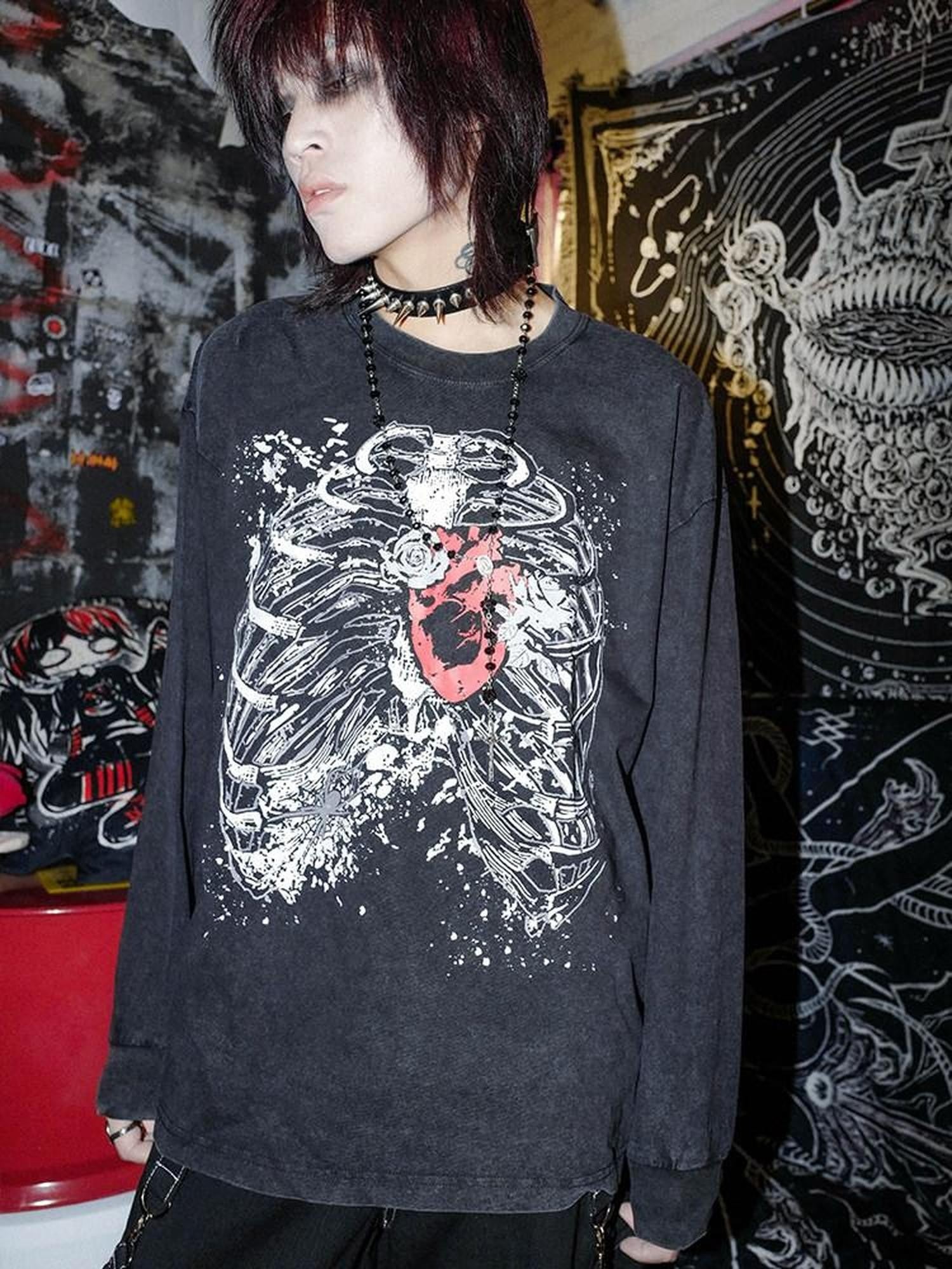 RebelSeed Black Skull Demon Print Punk Rock Loose Women's Cotton Long Sleeve T-shirts