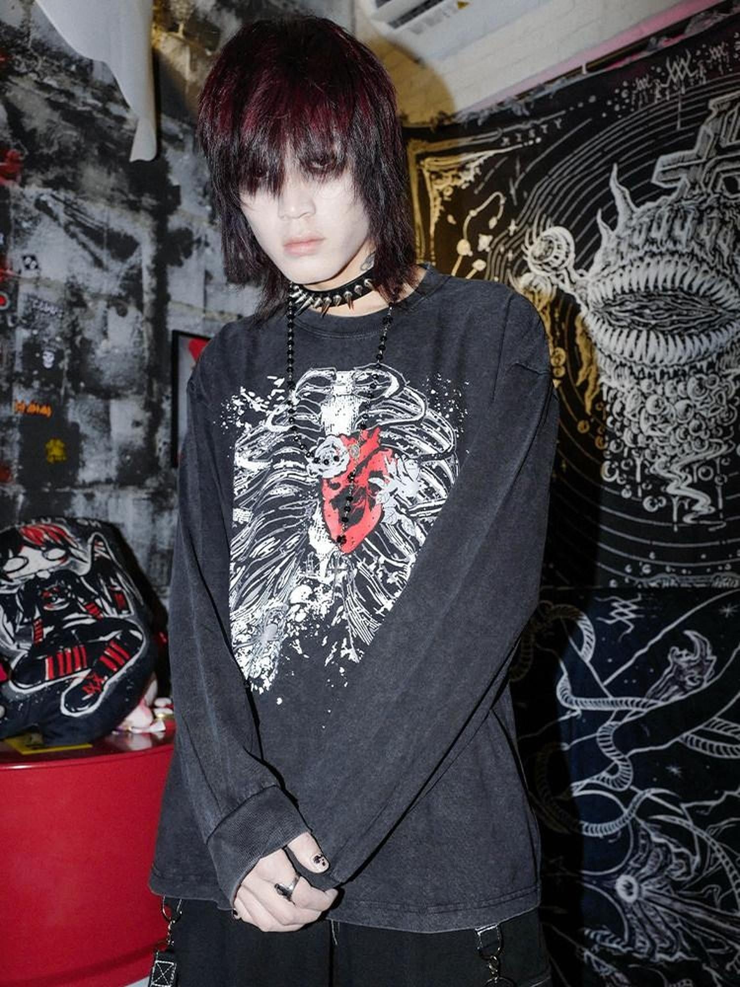 RebelSeed Black Skull Demon Print Punk Rock Loose Women's Cotton Long Sleeve T-shirts