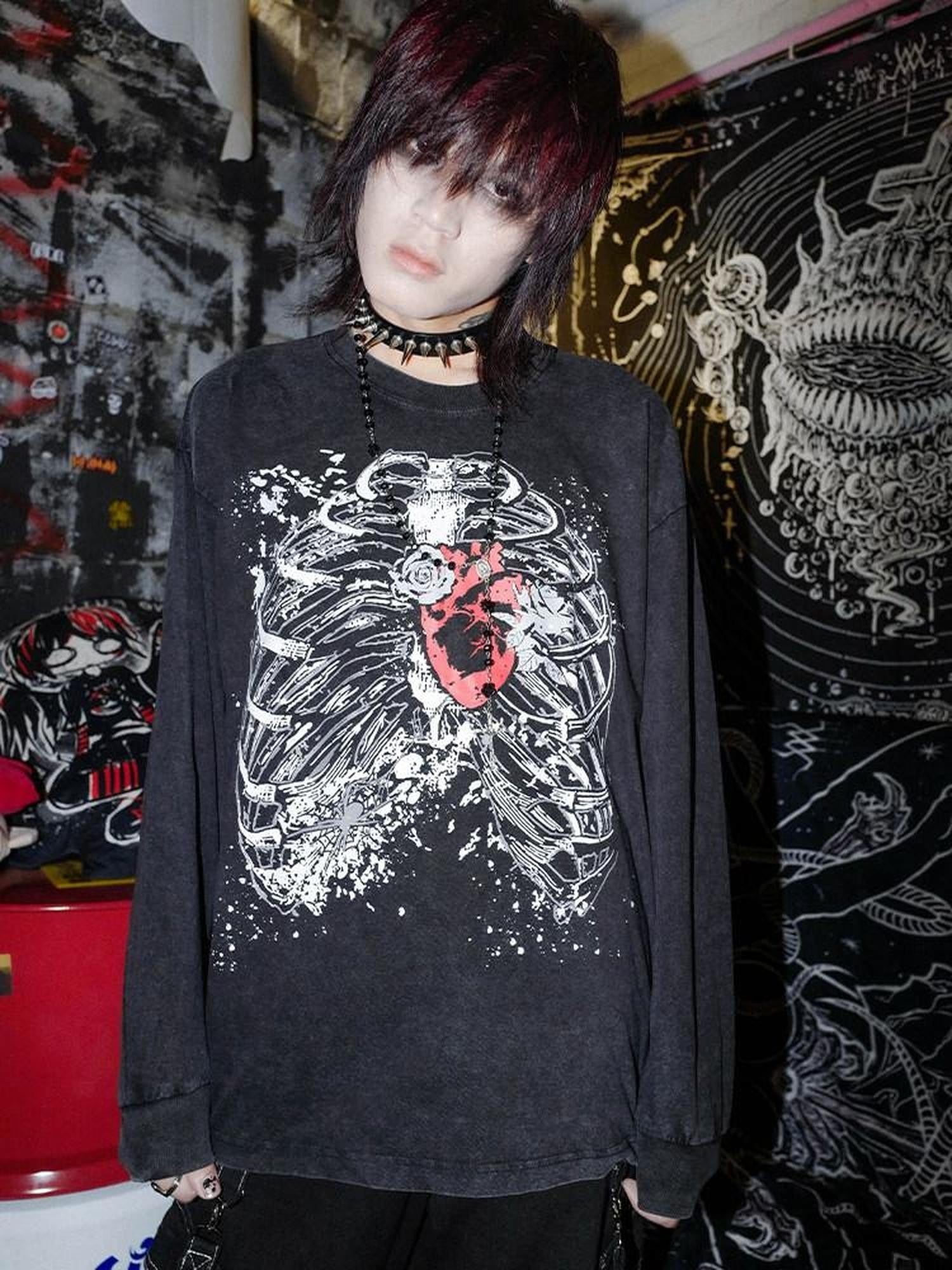 RebelSeed Black Skull Demon Print Punk Rock Loose Women's Cotton Long Sleeve T-shirts