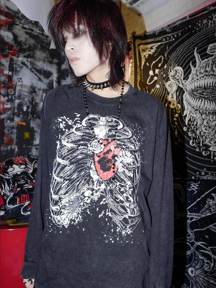 RebelSeed Black Skull Demon Print Punk Rock Loose Women's Cotton Long Sleeve T-shirts