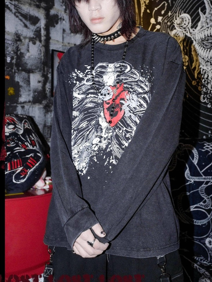 RebelSeed Black Skull Demon Print Punk Rock Loose Women's Cotton Long Sleeve T-shirts