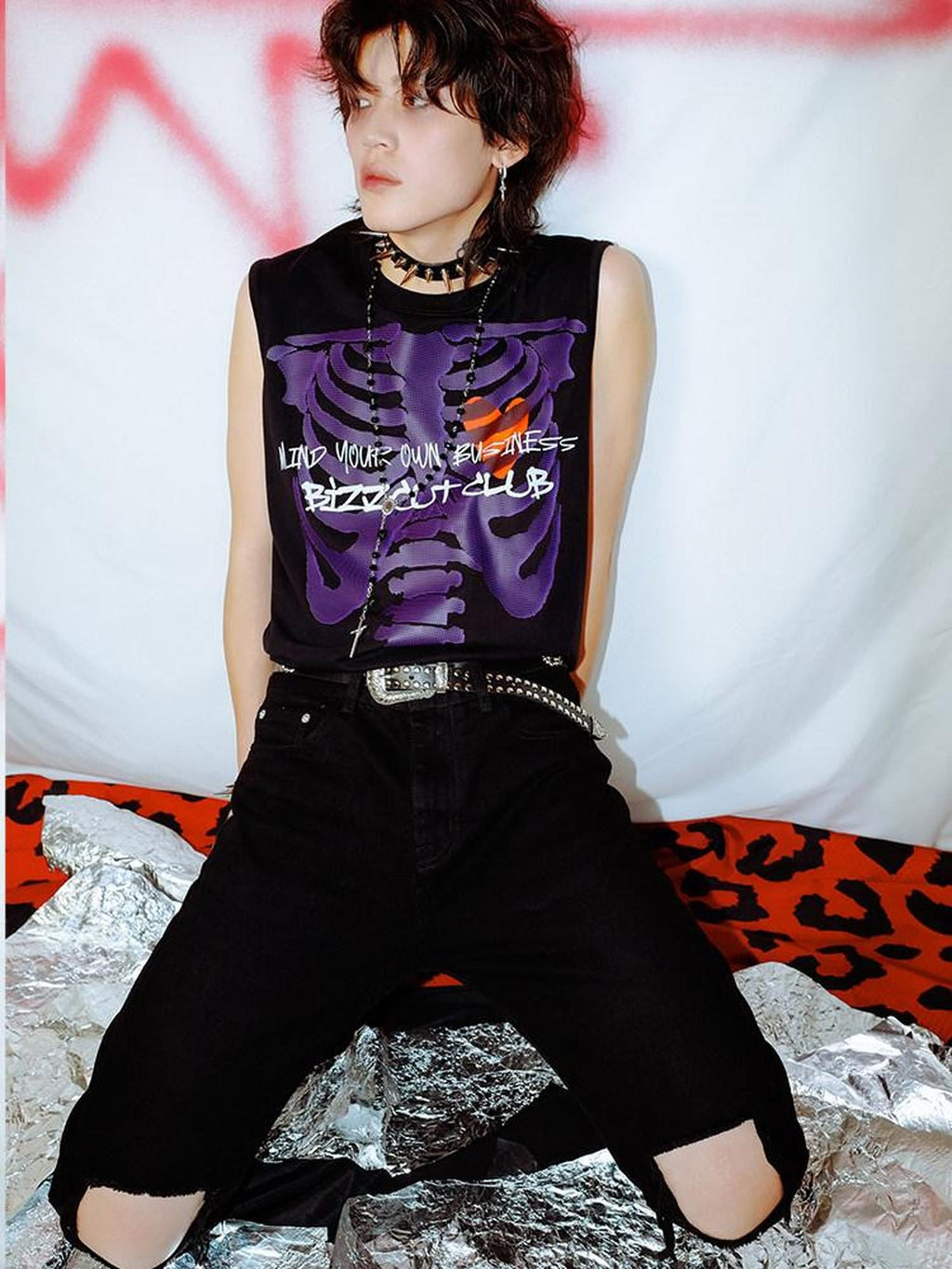 RebelSeed Black Skull Print Heat Transfer Distressed Punk Women's Cotton Tank Tops