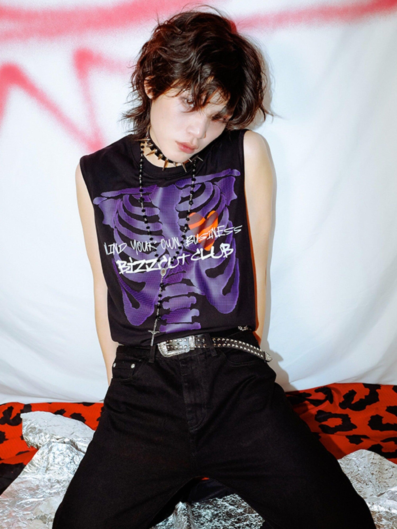 RebelSeed Black Skull Print Heat Transfer Distressed Punk Women's Cotton Tank Tops
