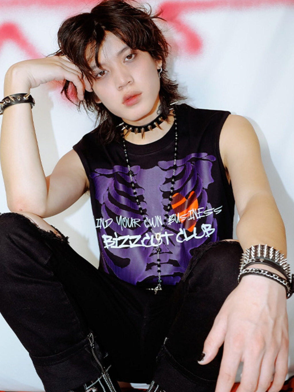 RebelSeed Black Skull Print Heat Transfer Distressed Punk Women's Cotton Tank Tops