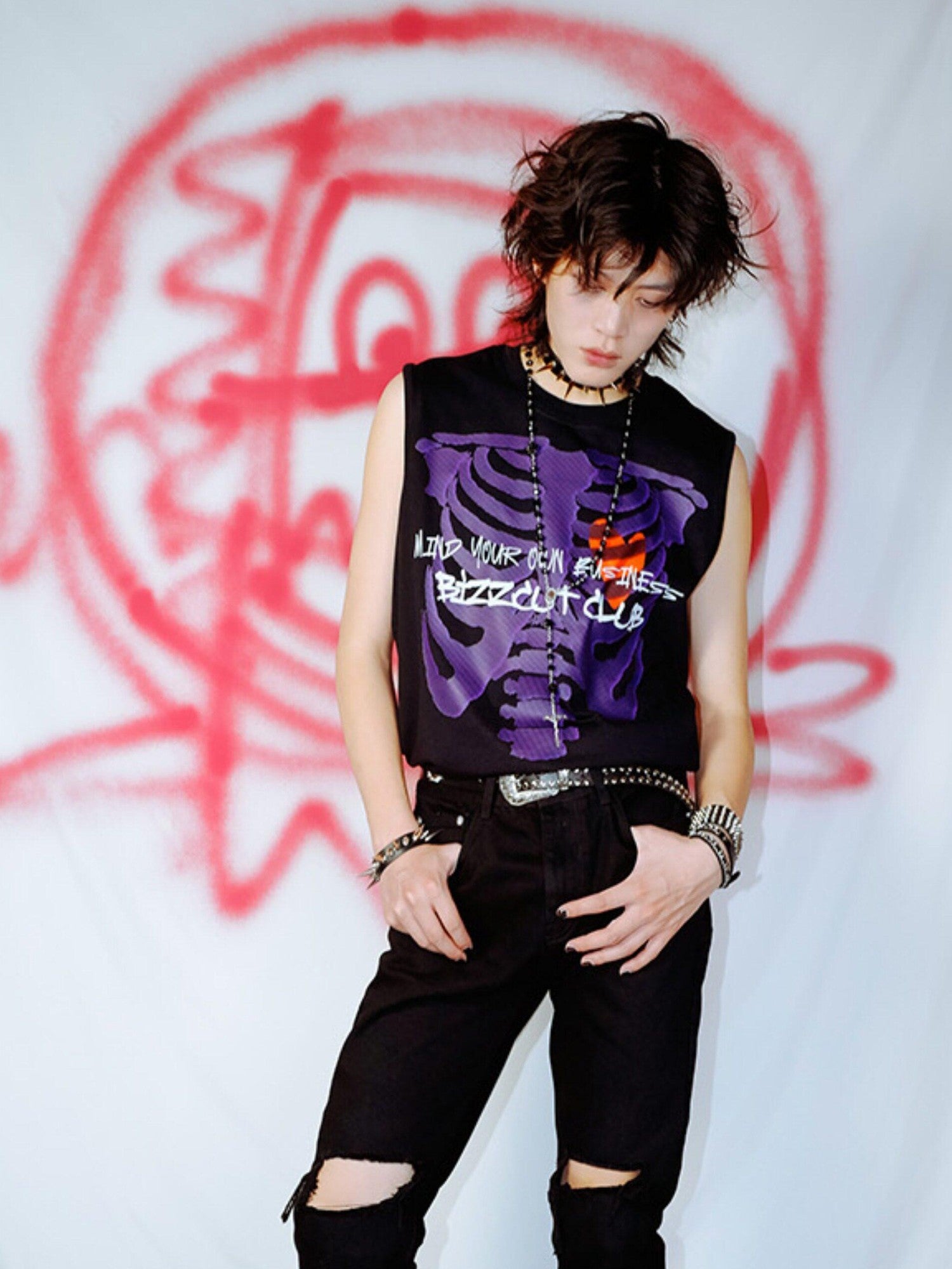 RebelSeed Black Skull Print Heat Transfer Distressed Punk Women's Cotton Tank Tops