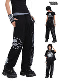 RebelSeed Black Skull Print Punk Cuffed Loose Women's Cotton Straight-leg Pants