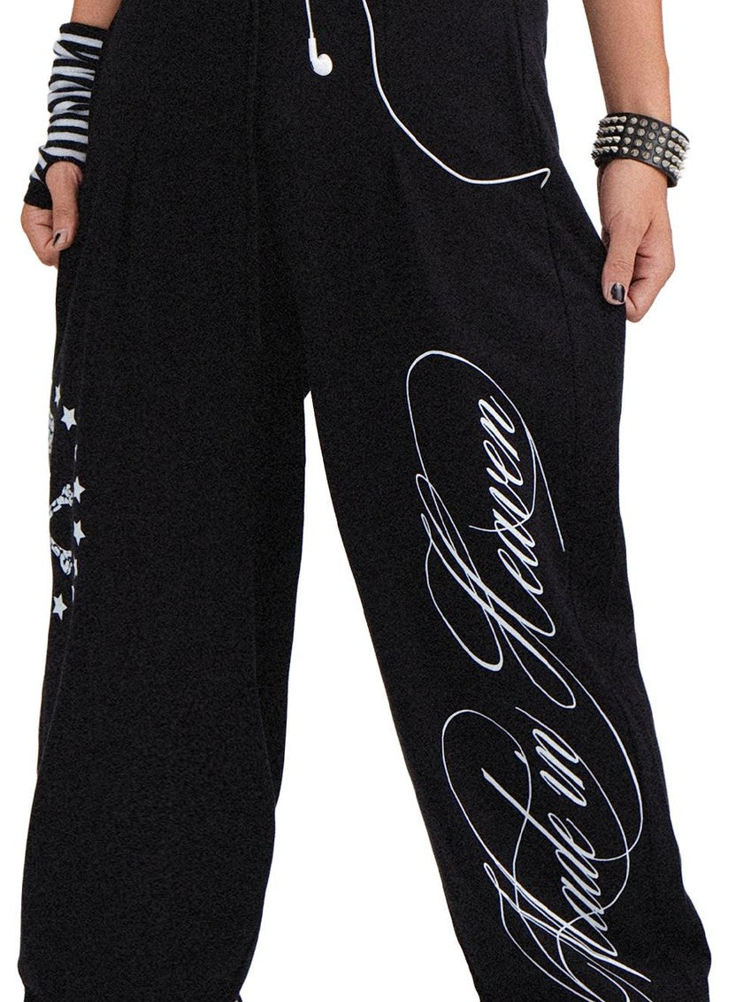 RebelSeed Black Skull Print Punk Cuffed Loose Women's Cotton Straight-leg Pants