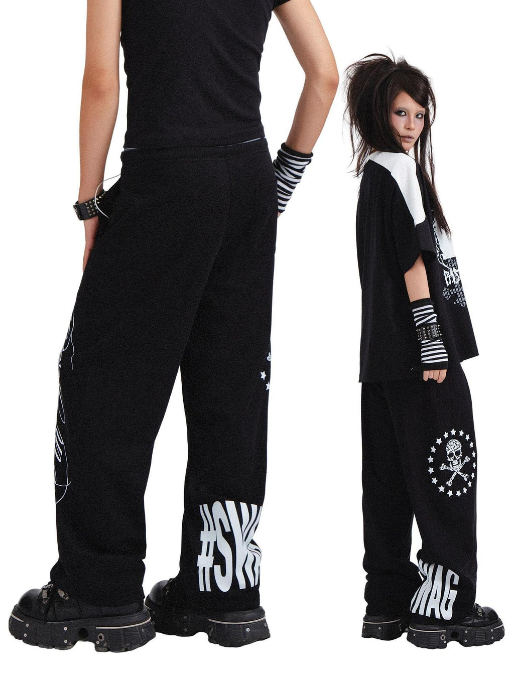 RebelSeed Black Skull Print Punk Cuffed Loose Women's Cotton Straight-leg Pants