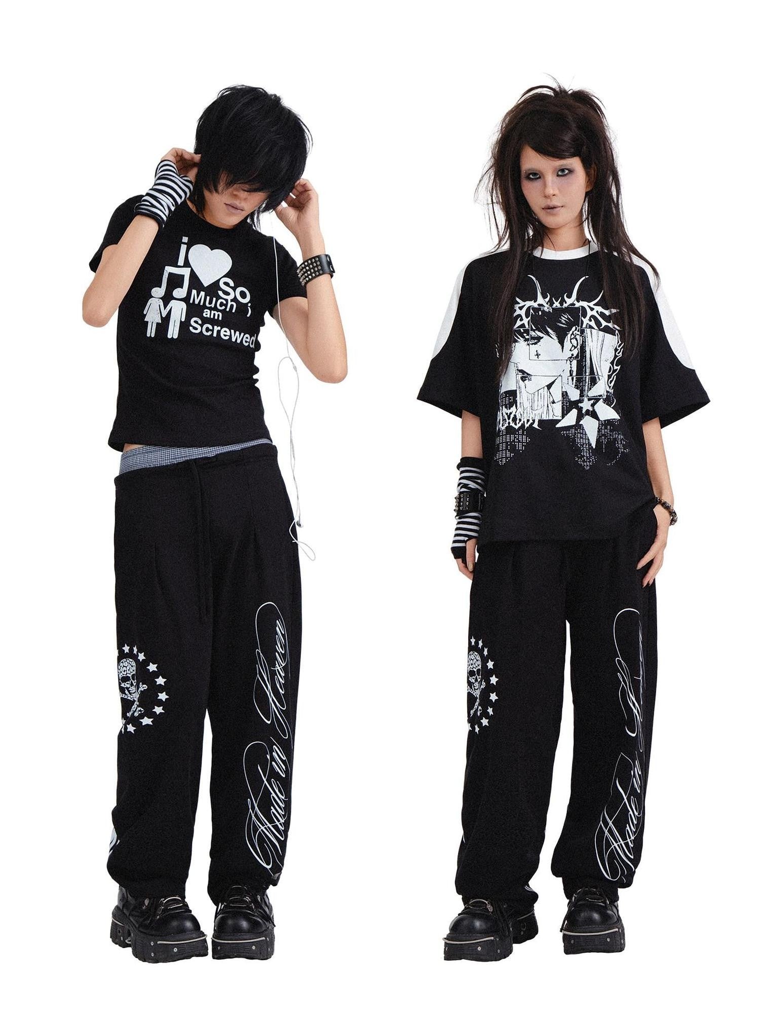 RebelSeed Black Skull Print Punk Cuffed Loose Women's Cotton Straight-leg Pants