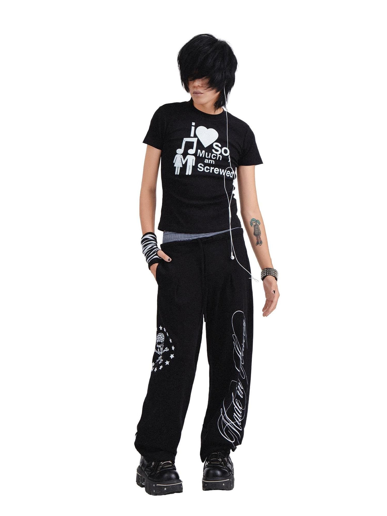RebelSeed Black Skull Print Punk Cuffed Loose Women's Cotton Straight-leg Pants