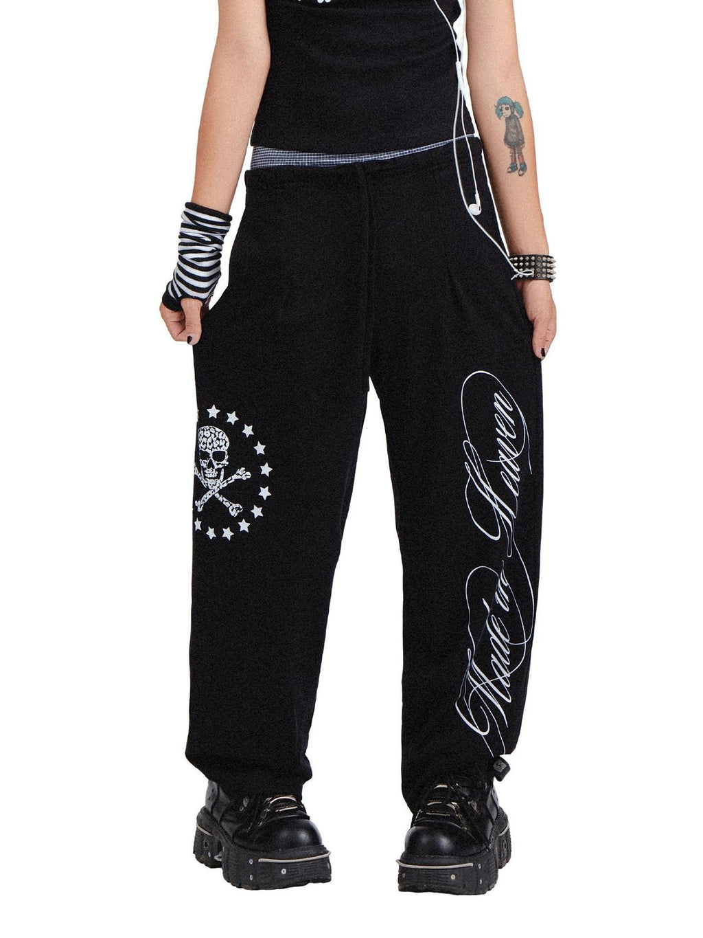 RebelSeed Black Skull Print Punk Cuffed Loose Women's Cotton Straight-leg Pants