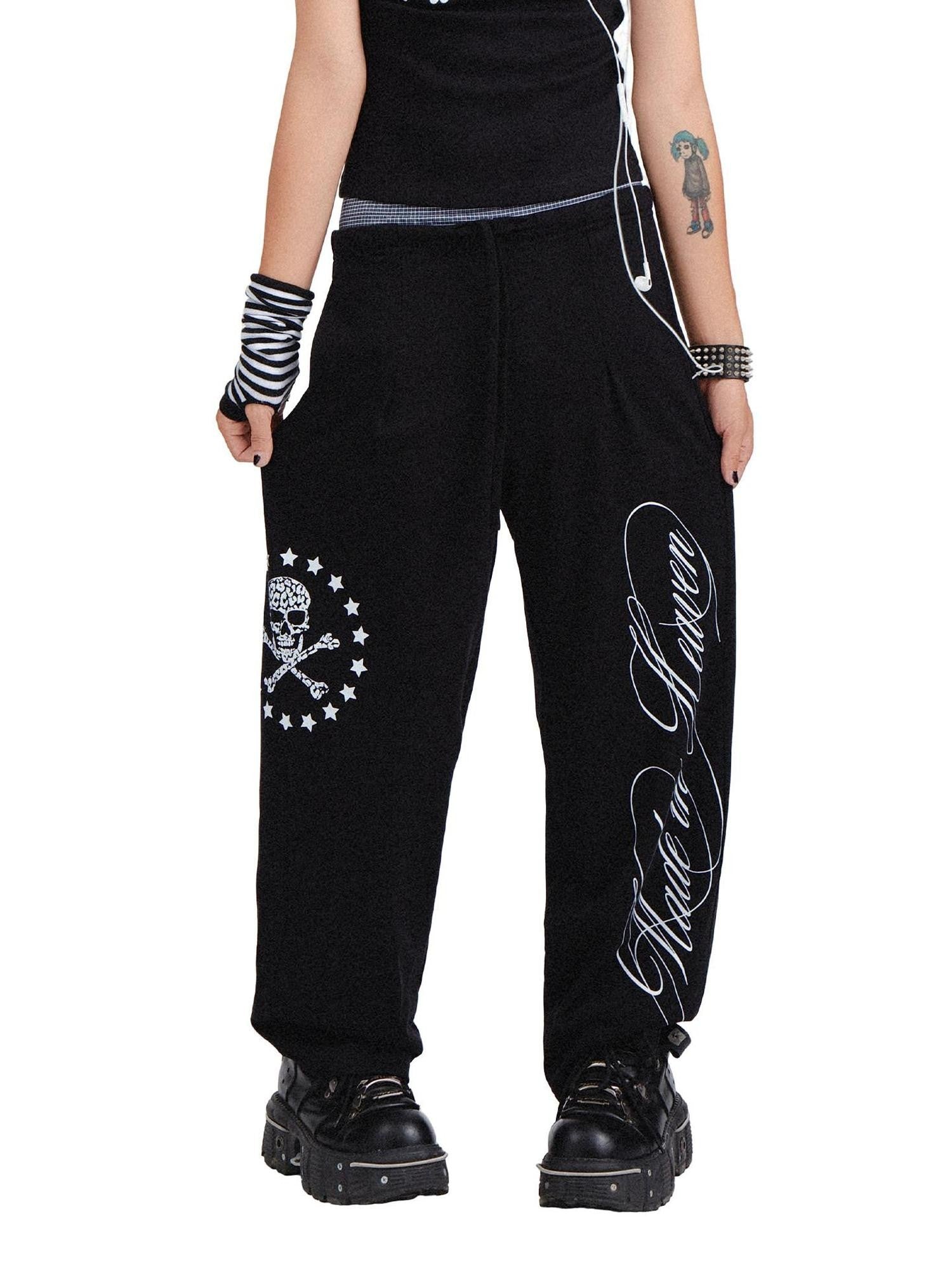 RebelSeed Black Skull Print Punk Cuffed Loose Women's Cotton Straight-leg Pants