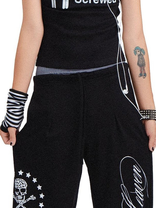 RebelSeed Black Skull Print Punk Cuffed Loose Women's Cotton Straight-leg Pants