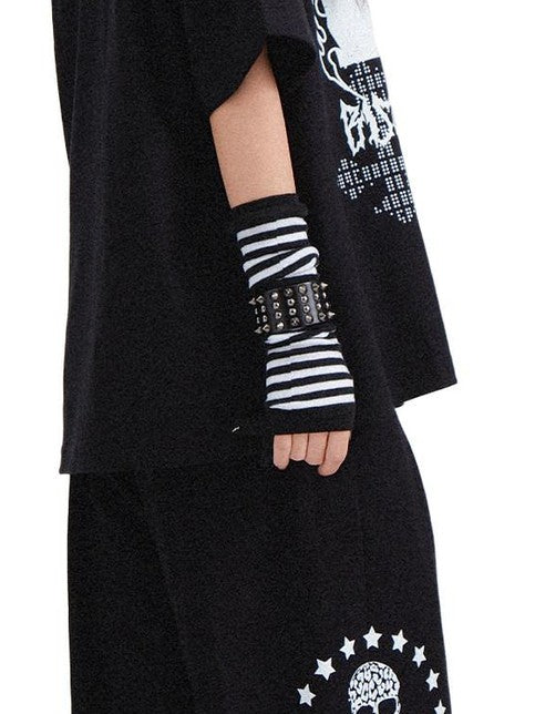 RebelSeed Black Skull Print Punk Cuffed Loose Women's Cotton Straight-leg Pants