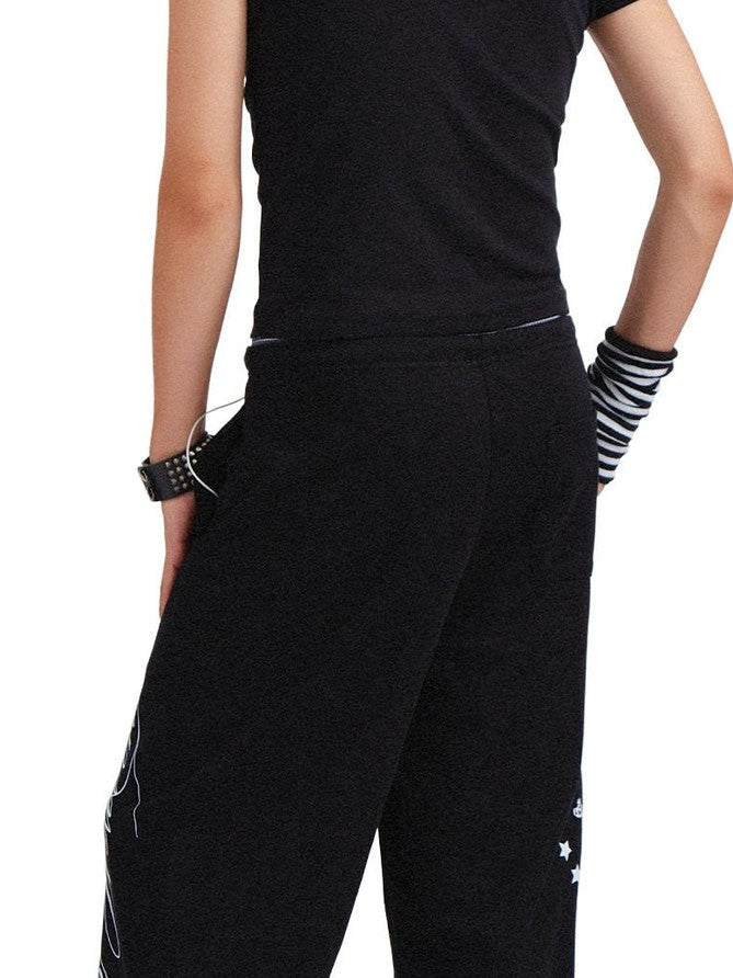 RebelSeed Black Skull Print Punk Cuffed Loose Women's Cotton Straight-leg Pants