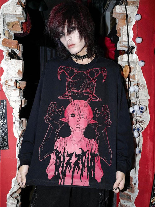 RebelSeed Black Skull Punk Oversized Heat Transfer Women's Cotton Long Sleeve T-shirts