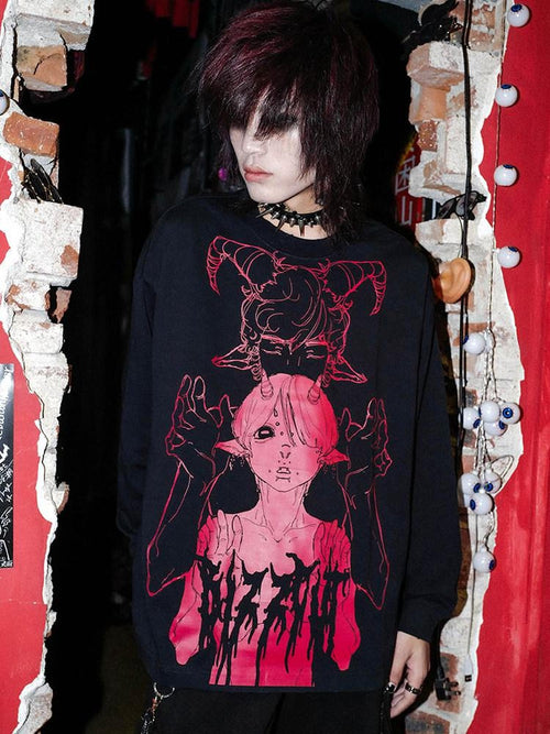 RebelSeed Black Skull Punk Oversized Heat Transfer Women's Cotton Long Sleeve T-shirts