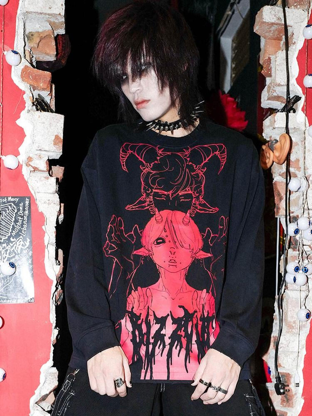 RebelSeed Black Skull Punk Oversized Heat Transfer Women's Cotton Long Sleeve T-shirts